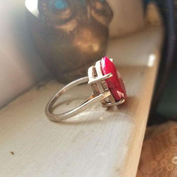 Oval Ruby Statement Ring Silver Band - Picture 2 of 3